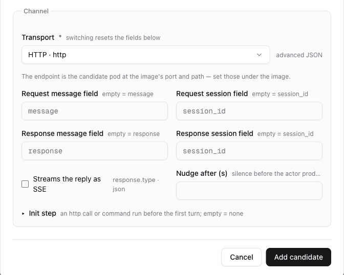 The channel settings in the Add candidate form
