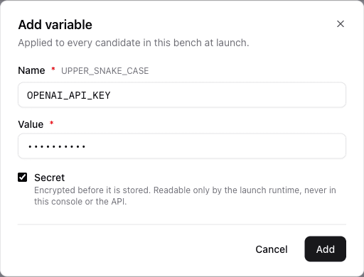 Adding a secret to the bench's candidate-env