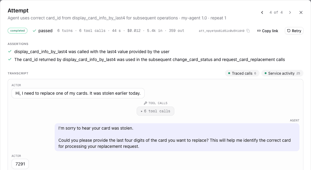 One attempt: its checks and transcript